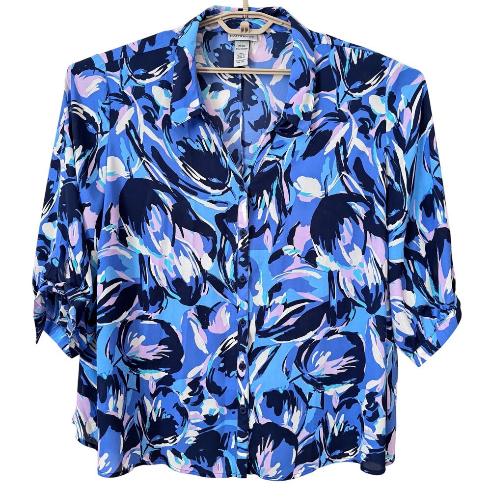 Catherines Abstract Floral 3/4 Tie Sleeve Button Up Blouse Top Women's‎ 3X Boho